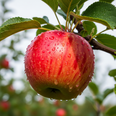 A naturalistic photograph of a Honeycrisp, hanging on its tree branch with leaves visible