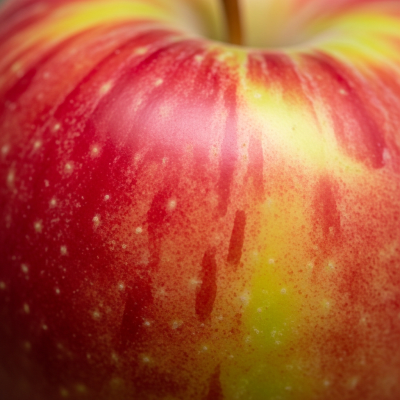 A detailed macro shot focusing on the skin texture and color variation of a Honeycrisp
