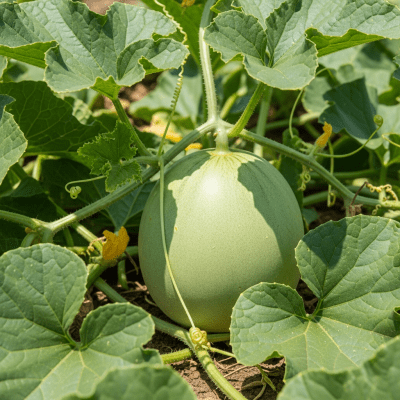 A photograph of a fresh Honeydew from the fruits taxonomy as it appears in its natural growing environment, such as on a tree, bush, or vine