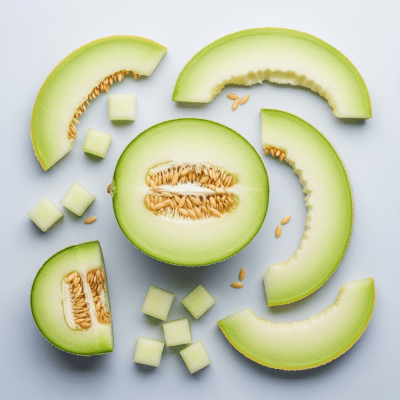 An overhead view photograph of several pieces of the Honeydew, from the fruits taxonomy, arranged aesthetically on a plain background