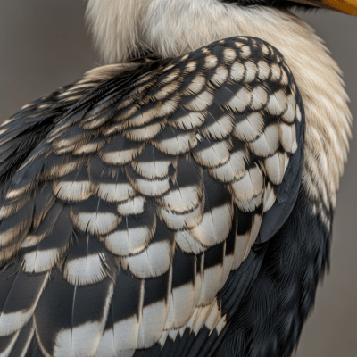 Close-up macro photograph of the feathers or distinctive markings of a Hornbill