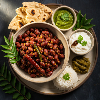 Image of cooked Horse Gram (beans) presented as part of a traditional dish or cuisine, plated attractively and photographed from above
