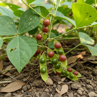 An image of Horse Gram, belonging to the taxonomy beans, displayed in its natural environment—such as growing on a plant or vine, surrounded by leaves and soil