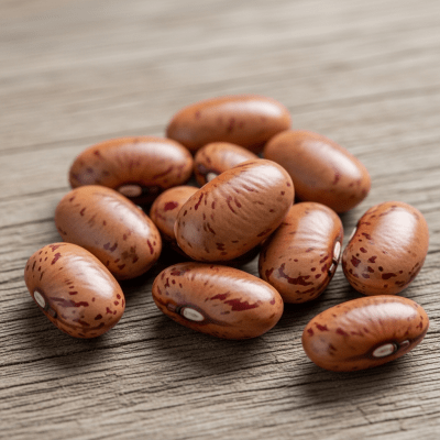 A handful of uncooked Horse Gram beans (beans) scattered on a rustic wooden surface, photographed in natural light to emphasize their variety and color