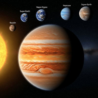Illustration of a Hot Jupiter (planets) as it might appear in an educational context, with canonical example planets shown nearby for reference