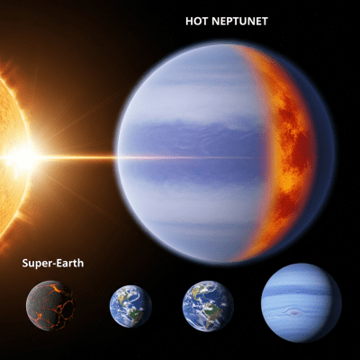 Illustration of a Hot Neptune (planets) as it might appear in an educational context, with canonical example planets shown nearby for reference