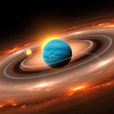 Realistic rendering of a Hot Neptune, shown in a simulated planetary formation environment