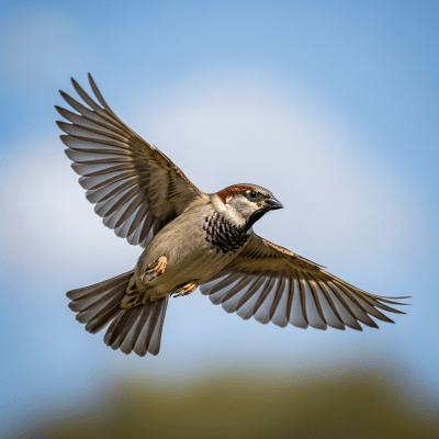 Action shot of a House Sparrow (birds) in flight