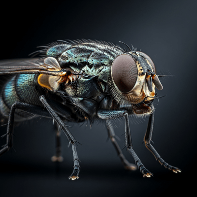 Striking editorial-style portrait of a single Housefly, from the taxonomy insects.
