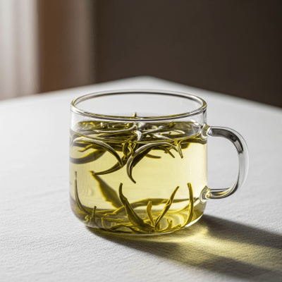 Editorial-style image of a brewed Huangshan Maofeng tea, part of the taxonomy teas