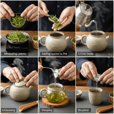 Step-by-step visual depiction showing the preparation process for Huangshan Maofeng, within the taxonomy teas