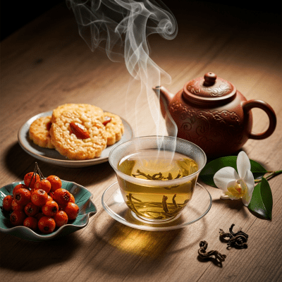 Still life image of a prepared cup of Huangshan Maofeng