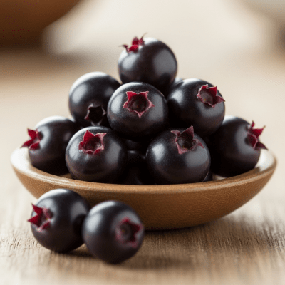 A high resolution image of several fresh Huckleberrys arranged in a simple bowl, representing their use within the taxonomy berries