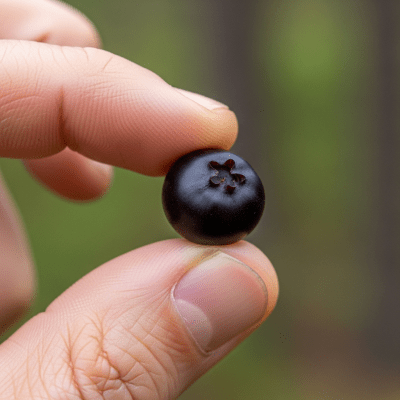 A factual photograph of a hand holding a ripe Huckleberry, illustrating its size and appearance for the taxonomy berries