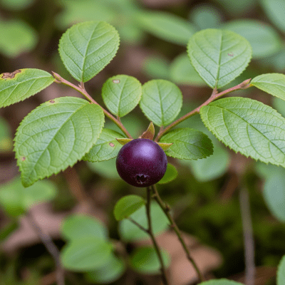 A naturalistic photograph of a Huckleberry growing on its plant in its typical environment, representing the taxonomy berries