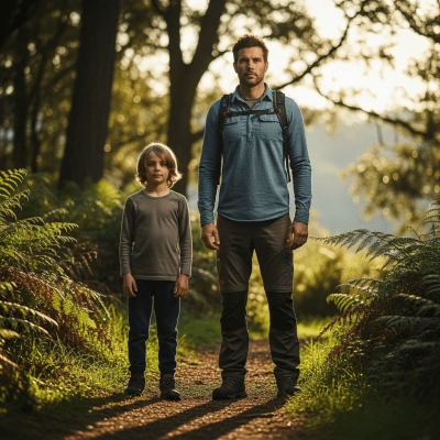 Photograph of a juvenile Human (apes) alongside an adult in their environment