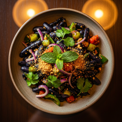 Image of cooked Hyacinth Bean (beans) presented as part of a traditional dish or cuisine, plated attractively and photographed from above