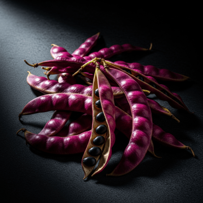 Editorial-style photograph of Hyacinth Bean, part of the taxonomy beans, arranged aesthetically on a dark background with dramatic lighting to highlight its shape and color.