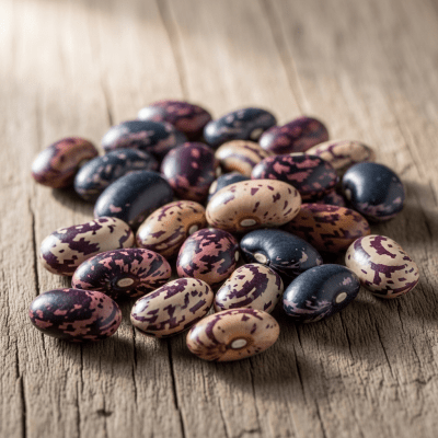 A handful of uncooked Hyacinth Bean beans (beans) scattered on a rustic wooden surface, photographed in natural light to emphasize their variety and color
