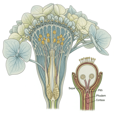 Cross-sectional illustration of a Hydrangea (flowers), showing internal parts such as stem, petals, and reproductive organs
