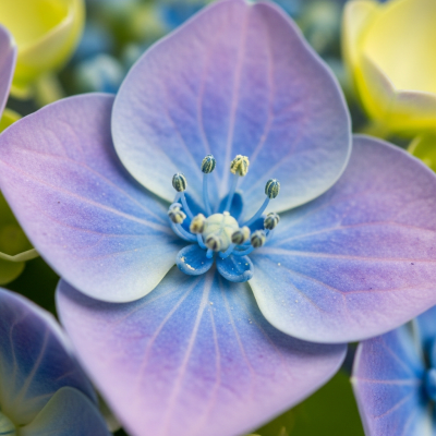Detailed macro image of a Hydrangea (flowers), focusing on the intricate structure of petals, stamens, and pistil