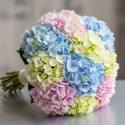 Image of a Hydrangea (flowers) arranged in a traditional bouquet or floral arrangement