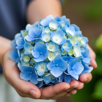 Photograph of a Hydrangea (flowers) being held or interacted with by a person in a gentle way