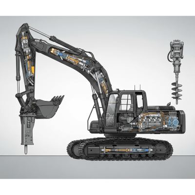Detailed cross-sectional illustration of a Hydraulic crawler excavator (standard) from the excavators taxonomy