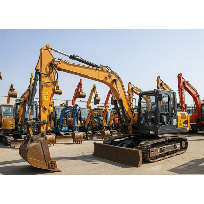 A wide-angle image of a fleet of various excavators, with the specific Hydraulic crawler excavator (standard) in the foreground for emphasis