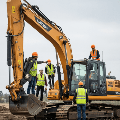 Image of a diverse group of construction workers operating or interacting with a Hydraulic crawler excavator (standard) from the excavators taxonomy