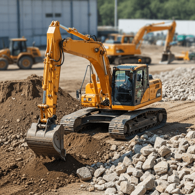 A realistic image of a Hydraulic crawler excavator (standard) (excavators) at work on a construction site, surrounded by soil, rocks, and machinery