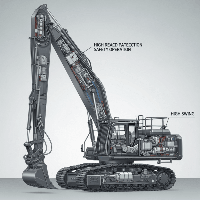 Detailed cross-sectional illustration of a Hydraulic demolition / high-reach excavator from the excavators taxonomy