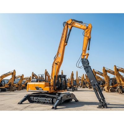 A wide-angle image of a fleet of various excavators, with the specific Hydraulic demolition / high-reach excavator in the foreground for emphasis