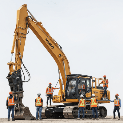 Image of a diverse group of construction workers operating or interacting with a Hydraulic demolition / high-reach excavator from the excavators taxonomy
