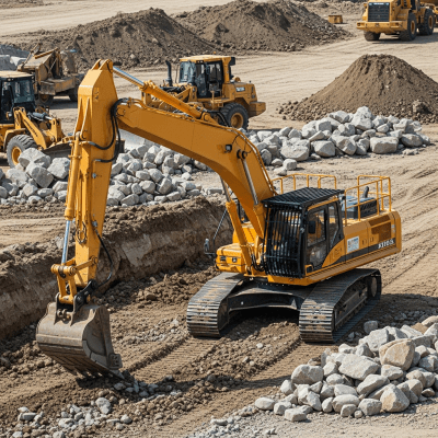 A realistic image of a Hydraulic demolition / high-reach excavator (excavators) at work on a construction site, surrounded by soil, rocks, and machinery