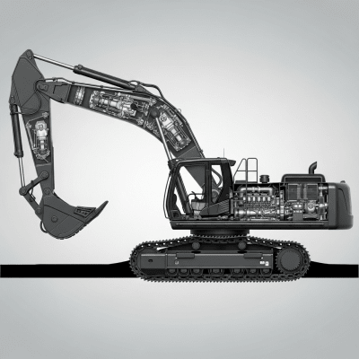Detailed cross-sectional illustration of a Hydraulic large crawler excavator (heavy duty) from the excavators taxonomy