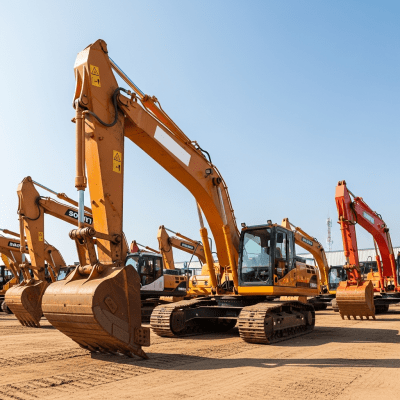 A wide-angle image of a fleet of various excavators, with the specific Hydraulic large crawler excavator (heavy duty) in the foreground for emphasis