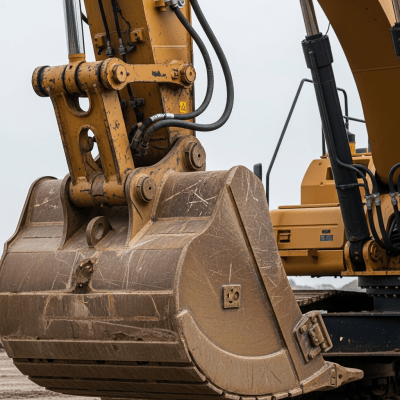 A close-up photograph focusing on the bucket and arm of a Hydraulic large crawler excavator (heavy duty) (excavators), showing details such as hydraulic lines, metal textures, and wear marks