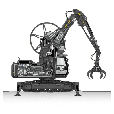 Detailed cross-sectional illustration of a Hydraulic material handler (rotating upper, grapple) from the excavators taxonomy