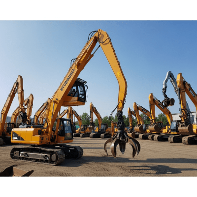 A wide-angle image of a fleet of various excavators, with the specific Hydraulic material handler (rotating upper, grapple) in the foreground for emphasis