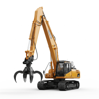 High quality studio photograph of a single Hydraulic material handler (rotating upper, grapple) from the excavators taxonomy