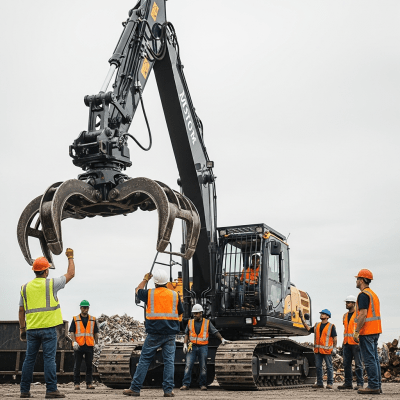 Image of a diverse group of construction workers operating or interacting with a Hydraulic material handler (rotating upper, grapple) from the excavators taxonomy