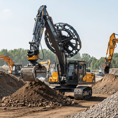 A realistic image of a Hydraulic material handler (rotating upper, grapple) (excavators) at work on a construction site, surrounded by soil, rocks, and machinery