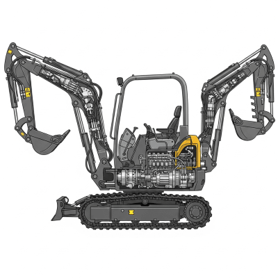 Detailed cross-sectional illustration of a Hydraulic mini (compact) crawler excavator from the excavators taxonomy