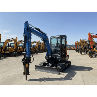 A wide-angle image of a fleet of various excavators, with the specific Hydraulic mini (compact) crawler excavator in the foreground for emphasis
