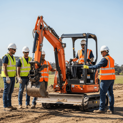 Image of a diverse group of construction workers operating or interacting with a Hydraulic mini (compact) crawler excavator from the excavators taxonomy