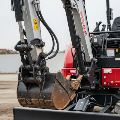 A close-up photograph focusing on the bucket and arm of a Hydraulic mini (compact) crawler excavator (excavators), showing details such as hydraulic lines, metal textures, and wear marks