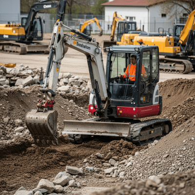 A realistic image of a Hydraulic mini (compact) crawler excavator (excavators) at work on a construction site, surrounded by soil, rocks, and machinery