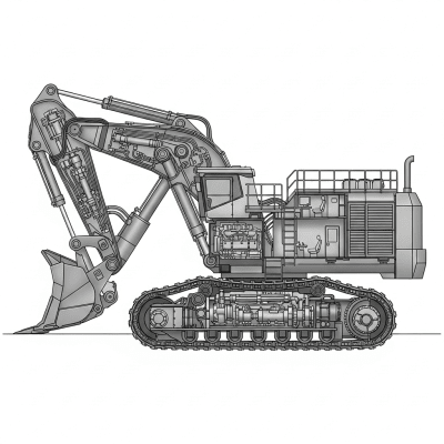 Detailed cross-sectional illustration of a Hydraulic mining shovel (large hydraulic mining excavator) from the excavators taxonomy