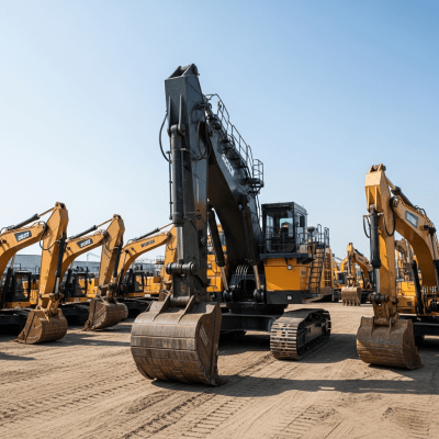 A wide-angle image of a fleet of various excavators, with the specific Hydraulic mining shovel (large hydraulic mining excavator) in the foreground for emphasis
